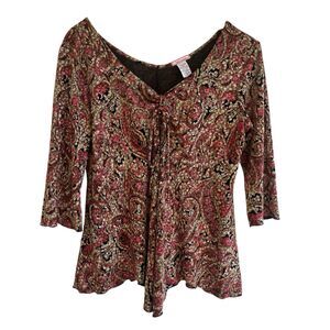 Vol.1 Womens Dark Floral Babydoll Top Size 1X Pink Brown Paisley Floral Fairy
